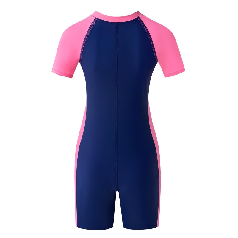 karrack Girls and Boys One Piece Rash Guard Swimsuit Kid Water Sport Short Swimsuit UPF 50+ Sun Protection Bathing Suits Blue-Pink (Size 8-10Years) - Image 2
